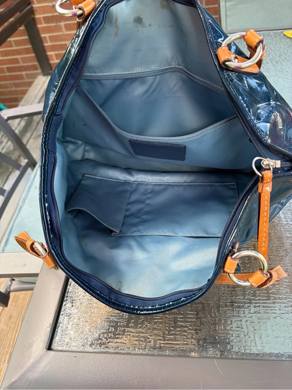 Coach Navy Patent Shoulder Bag with Tan Straps
